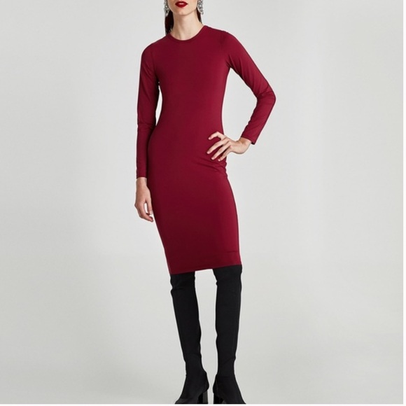 Zara Long Sleeves Ribbed Midi Dress Maroon Red Stretch Womens S - Picture 5 of 8